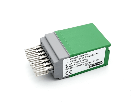 Phoenix Contact 2899303 relay plug, ST-REL7-HG110/4X21, 110 V DC input, 4-pole, plug-in base, with indicator, green casing.