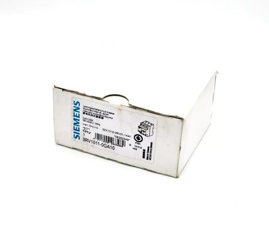 Siemens 3RV1011-0GA10 Motor Protection Circuit Breaker Box, Size S00, for overload protection, part label visible.