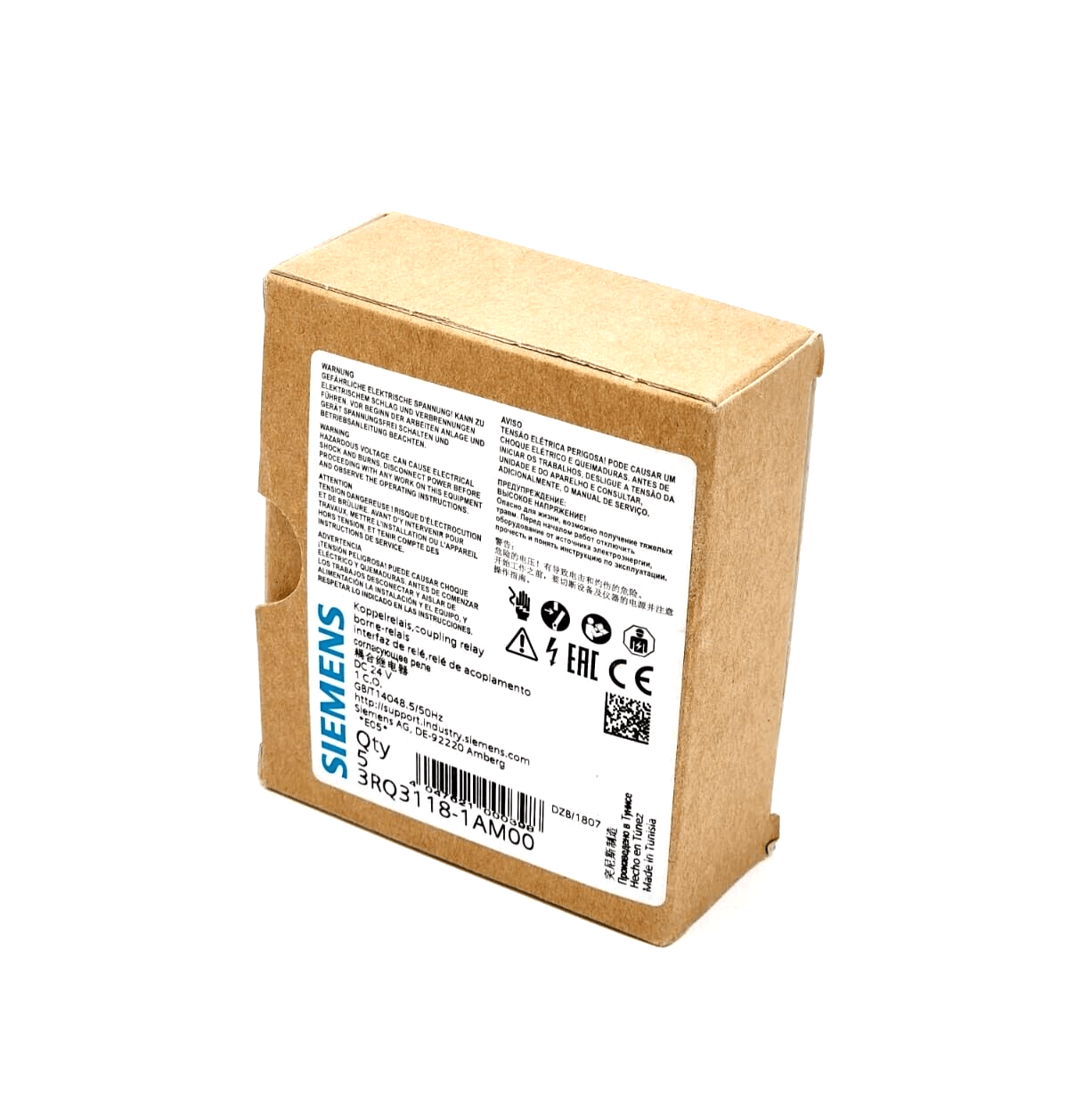 Siemens 3RQ3118-1AM00 Output Coupler with Plug-in Relay Packaging, 24V DC, 6mm Width, 6A Thermal Current, Product Box.