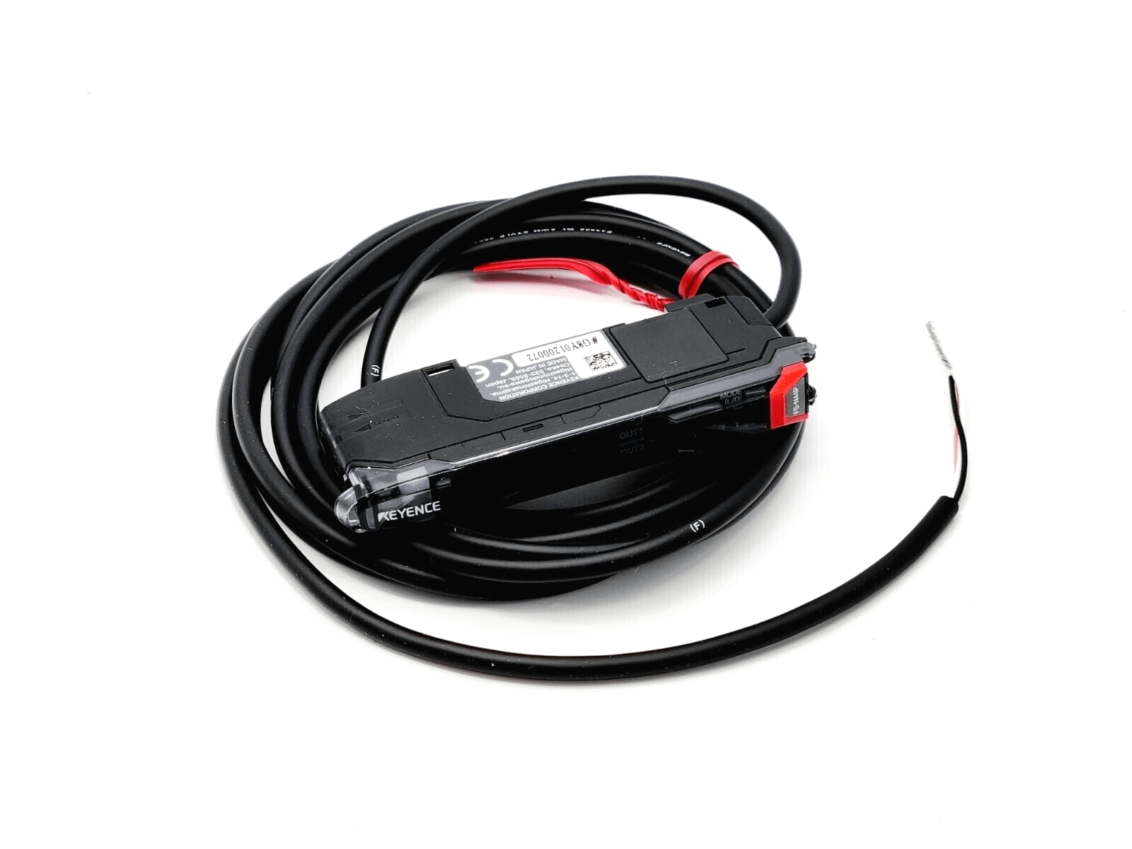Keyence FS-N44P Fiber Optic Amplifier, cable type with PNP output, shown coiled on a white background.