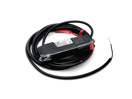 Keyence FS-N44P Fiber Optic Amplifier, cable type with PNP output, shown coiled on a white background.