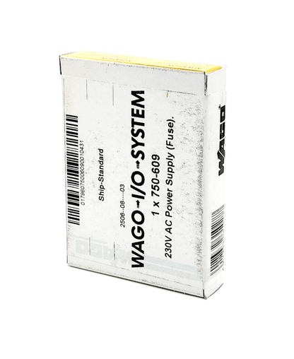 Wago 750-609 AC 230 V power supply with fuse holder, compatible with CAGE CLAMP® system, side view of packaging.