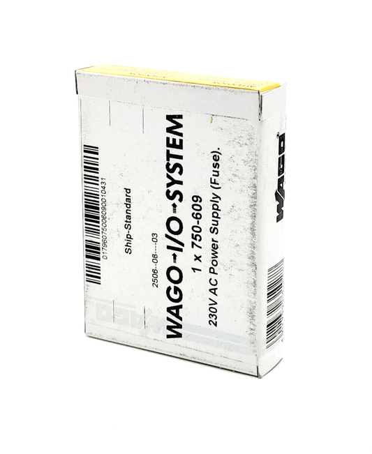Wago 750-609 AC 230 V power supply with fuse holder, compatible with CAGE CLAMP® system, side view of packaging.