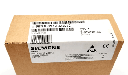 Siemens 6ES5421-8MA12 SIMATIC S5 Digital Input Module Box with label and barcode, 9-24V DC, product packaging.