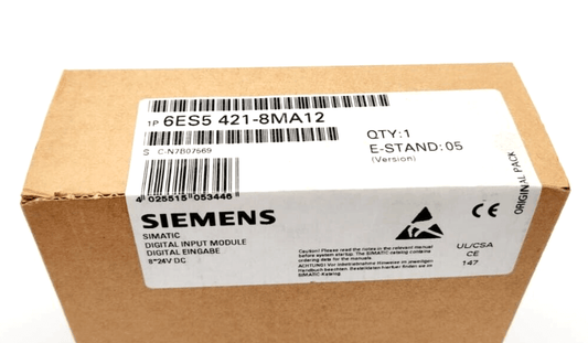 Siemens 6ES5421-8MA12 SIMATIC S5 Digital Input Module Box with label and barcode, 9-24V DC, product packaging.