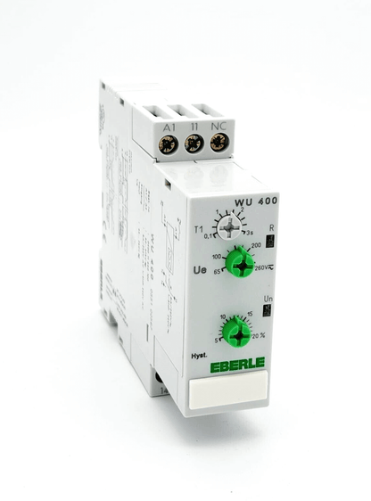 Eberle WU400 Spannungswächter AC 8A/250V voltage monitor with green dials and model number 055100565, showing side view.