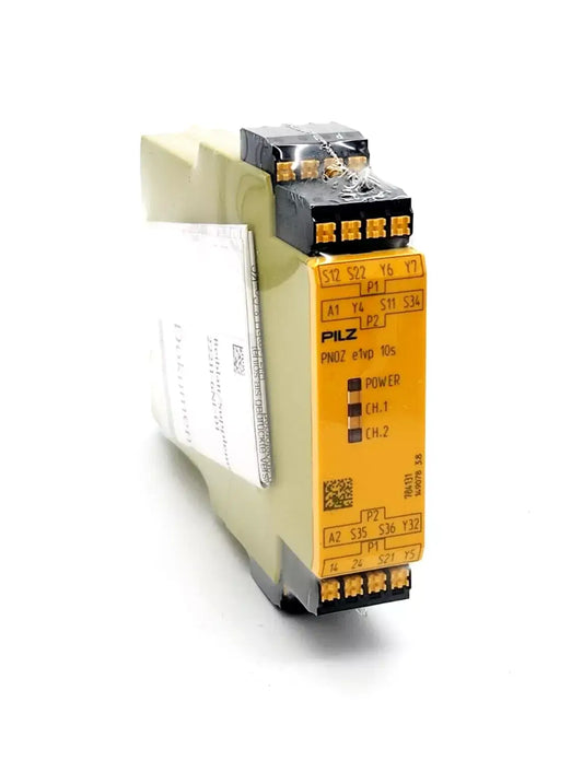 Pilz PNOZ e1vp C safety relay switch, model 784131, 10/24VDC, sealed, shown in yellow casing, ideal for industrial automation.