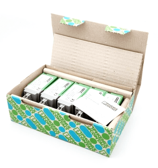 Box of Phoenix Contact 2899303 relay connectors with illuminated display, 110V DC input, AgSnO2+Au contacts, 4-pole changeover switches.