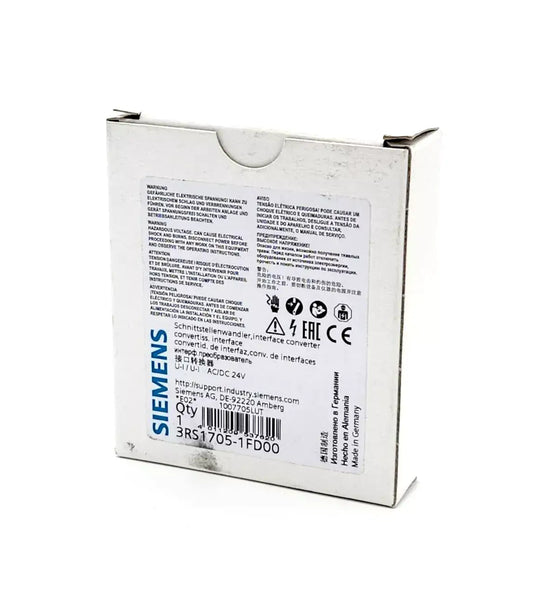 Packaging of Siemens 3RS1705-1FD00 AC/DC interface converter with technical specs and model number visible.