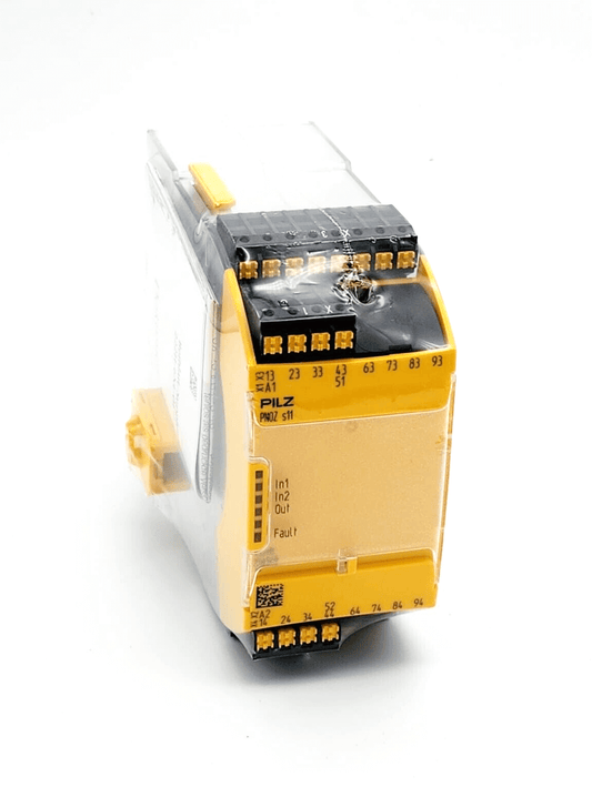 Pilz 751111 PNOZ s11 C safety relay contact expansion module, 24VDC, featuring 8 n/o and 1 n/c outputs, yellow safety device