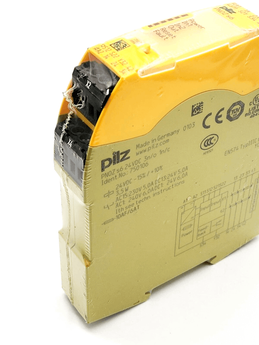 Pilz 750106 PNOZ s6 safety relay 24VDC with 3 n/o, 1 n/c outputs, standby, two-hand control, plug-in terminals, yellow casing.
