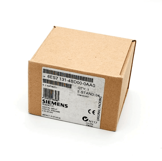 Siemens 6ES7131-4BD00-0AA0 SIMATIC DP Elektronikmodule box, 5 pieces, ET 200S, 4 DI Standard DC 24V, 15mm wide.