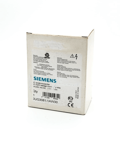 Packaging for Siemens 3UG3081-1AW30 isolation monitor for ungrounded AC networks, suitable for AC/DC 24-240V applications.