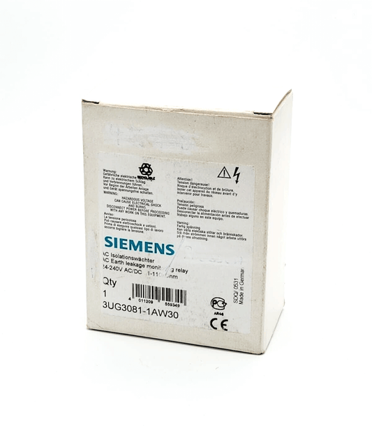Packaging for Siemens 3UG3081-1AW30 isolation monitor for ungrounded AC networks, suitable for AC/DC 24-240V applications.
