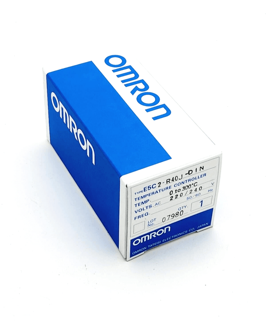 Box packaging of Omron 07980 E5C2-R40J-DIN Temperature Controller for 0-300°C, AC 220/240V.