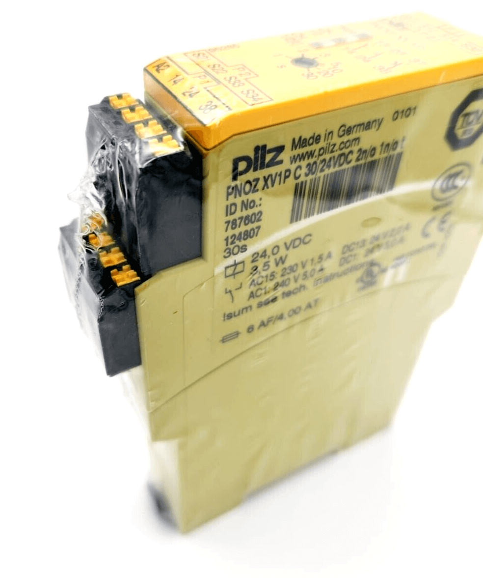 Pilz 787602 PNOZ XV1P C safety relay device with 30/24VDC 2 n/o 1 n/o t, made in Germany, product view with packaging.