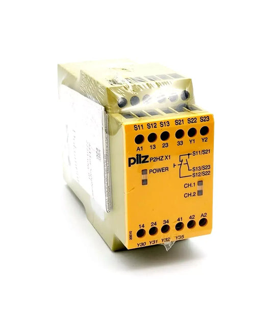 Pilz 774438 P2HZ X1 standalone safety relay, 230VAC, 3NO 1NC, two-hand control monitoring device, ideal for industrial safety applications.