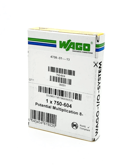 Wago 750-604 Potential Multiplication 8-way module packaging with product labels and specifications.