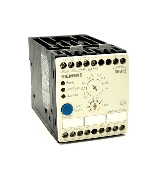 Siemens 3RB1246-1QM20 overload relay for motor protection, 6.3-25 A, model S00/S0, with reset and earth fault detection features.