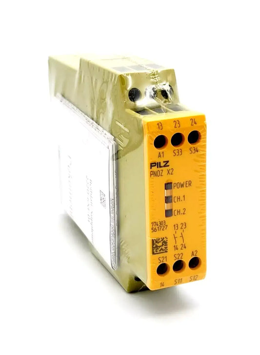 Pilz 774303 PNOZ X2 safety relay, 24VAC/DC for emergency stop and safety gate monitoring, 22.5mm with screw terminals.