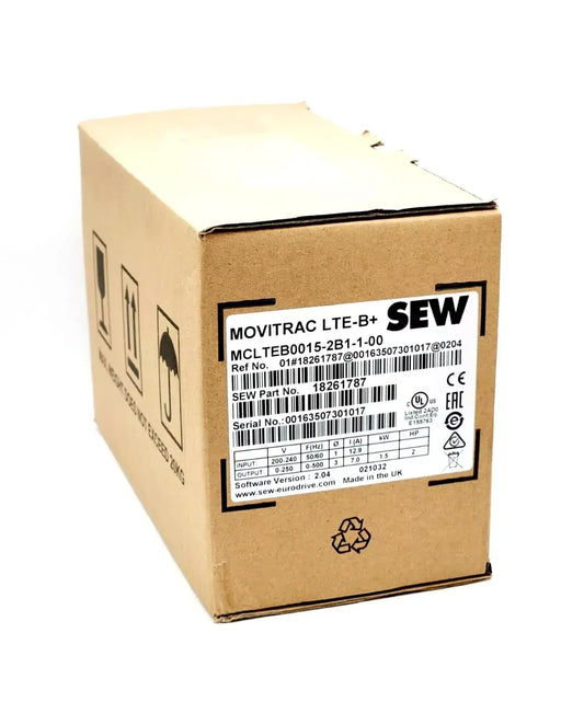 SEW Eurodrive 18261787 Movitrac LTE-B+ drive packaging box with model MCLTEB0015-2B1-1-00 and specifications label visible.