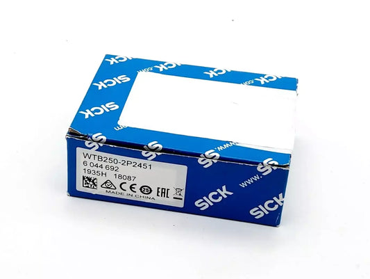 Product box of Sick 6044692 KOMPAKT-LICHTSCHRANKEN WTB250-2P2451, displaying model number and brand.