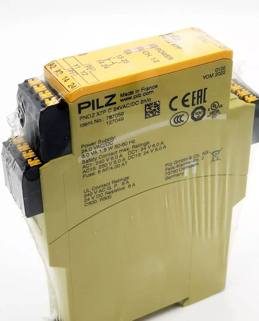Pilz 787059 PNOZ X7P C safety relay device, 24VAC/DC, standalone, with plug-in spring-clamp terminals, yellow casing.