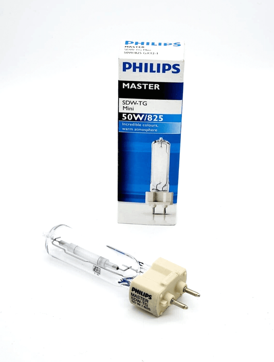 Philips MASTER SDW-TG Mini 50W/825 light bulb with packaging, 2400 Lm, GX12-1 base, 2500K color temperature, gold-white light.