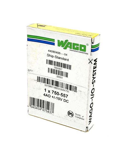 Wago 750-557 4-Channel Analog Output Module Packaging, DC ±10 V, shown with product labels and specifications.