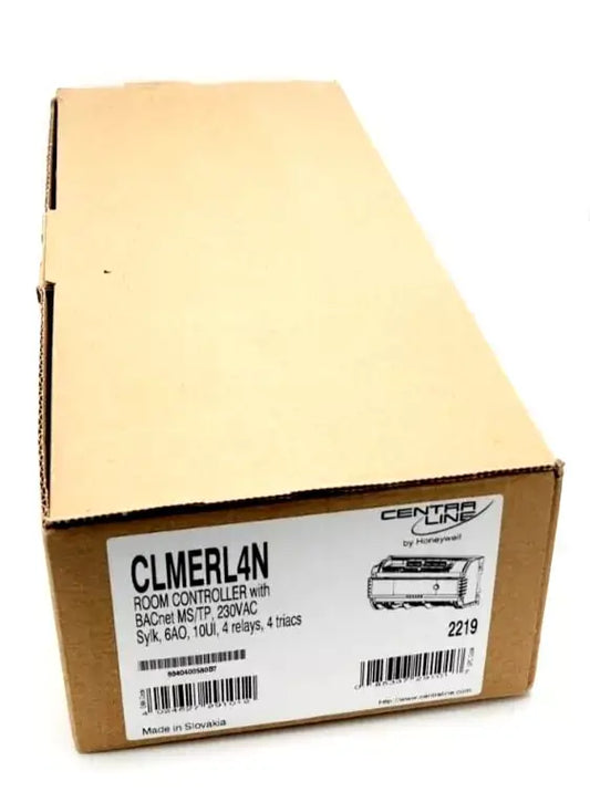 Honeywell CLMERL4N Room Controller box with product label visible, featuring BACnet MS/TP 230VAC specifications. Made in Slovakia.
