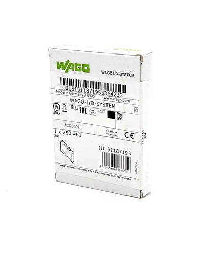 Packaging of Wago 750-461 Pt100-/RTD 2-channel analog input module for resistance sensors.