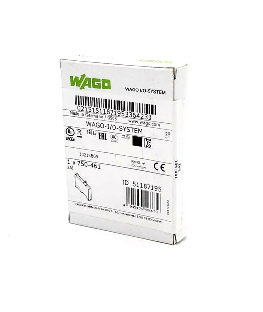 Packaging of Wago 750-461 Pt100-/RTD 2-channel analog input module for resistance sensors.
