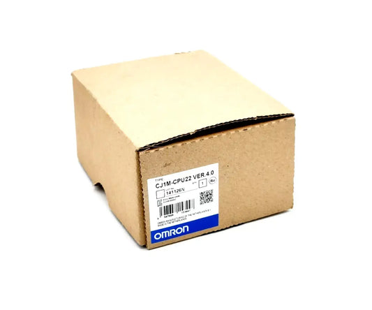 Omron CJ1M-CPU22 Version 4.0 packaging for high-performance PLC applications with product label visible.