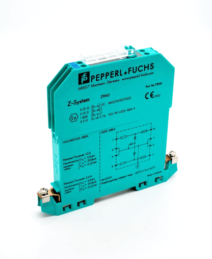 Pepperl+Fuchs Z960 Zener barrier 071858 for AC systems, 2-channel, 6.5V at 10µA, 64Ω resistance, 50mA fuse, DIN rail mount.