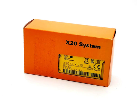 B&R X20SLX210 module in orange packaging for safe digital inputs and pulse outputs, product code 0xC5B0