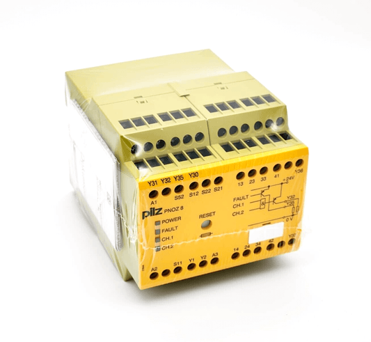 Pilz 774760 PNOZ 8 safety relay, 24V DC, 3n/o 1n/c 2so, standalone, for emergency stops and safety doors, yellow housing
