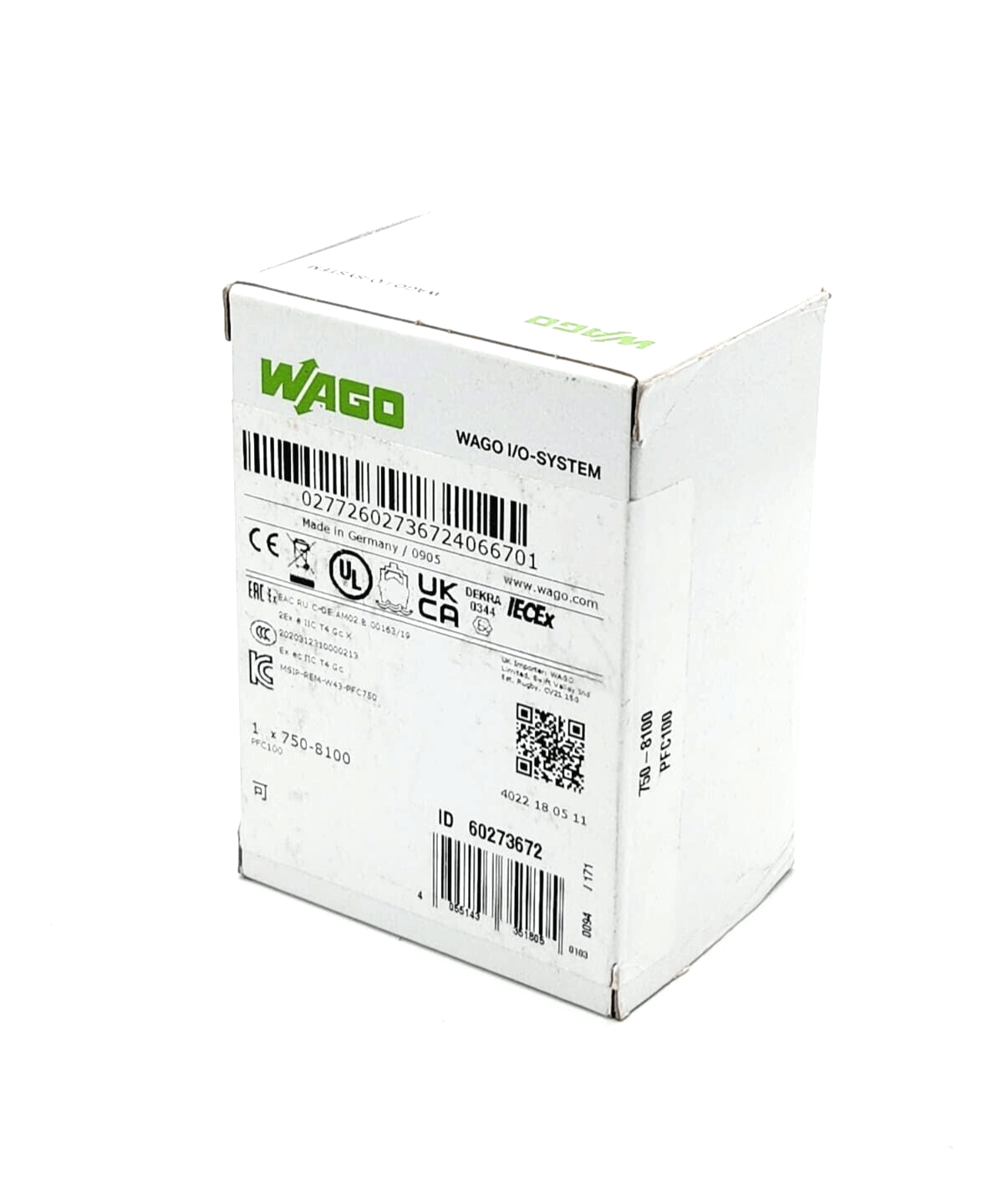 Sealed WAGO 750-8100 PFC100 ECO Controller box with original packaging and labeling, featuring 2 x Ethernet ports.