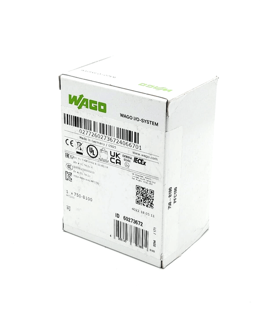 Sealed WAGO 750-8100 PFC100 ECO Controller box with original packaging and labeling, featuring 2 x Ethernet ports.