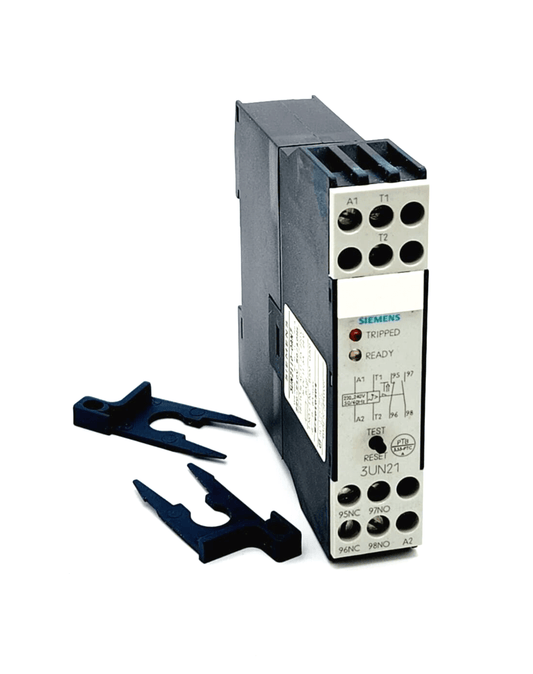 Siemens 3UN2110-0AN7 Thermistor-Motorschutz with 2 LEDs and connectors, 220-240V, 50/60Hz. Black plastic housing.