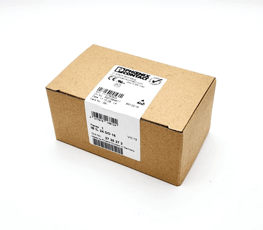Phoenix Contact 2726272 Inline-Klemme IB IL 24 DO 16 in packaging, 16 outputs, 24V DC, 3-wire connection technology.