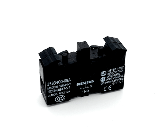 Siemens 3SB3400-0BA switch element with 1 contact, screw connection, front panel mounting, gold-plated, 1S configuration.