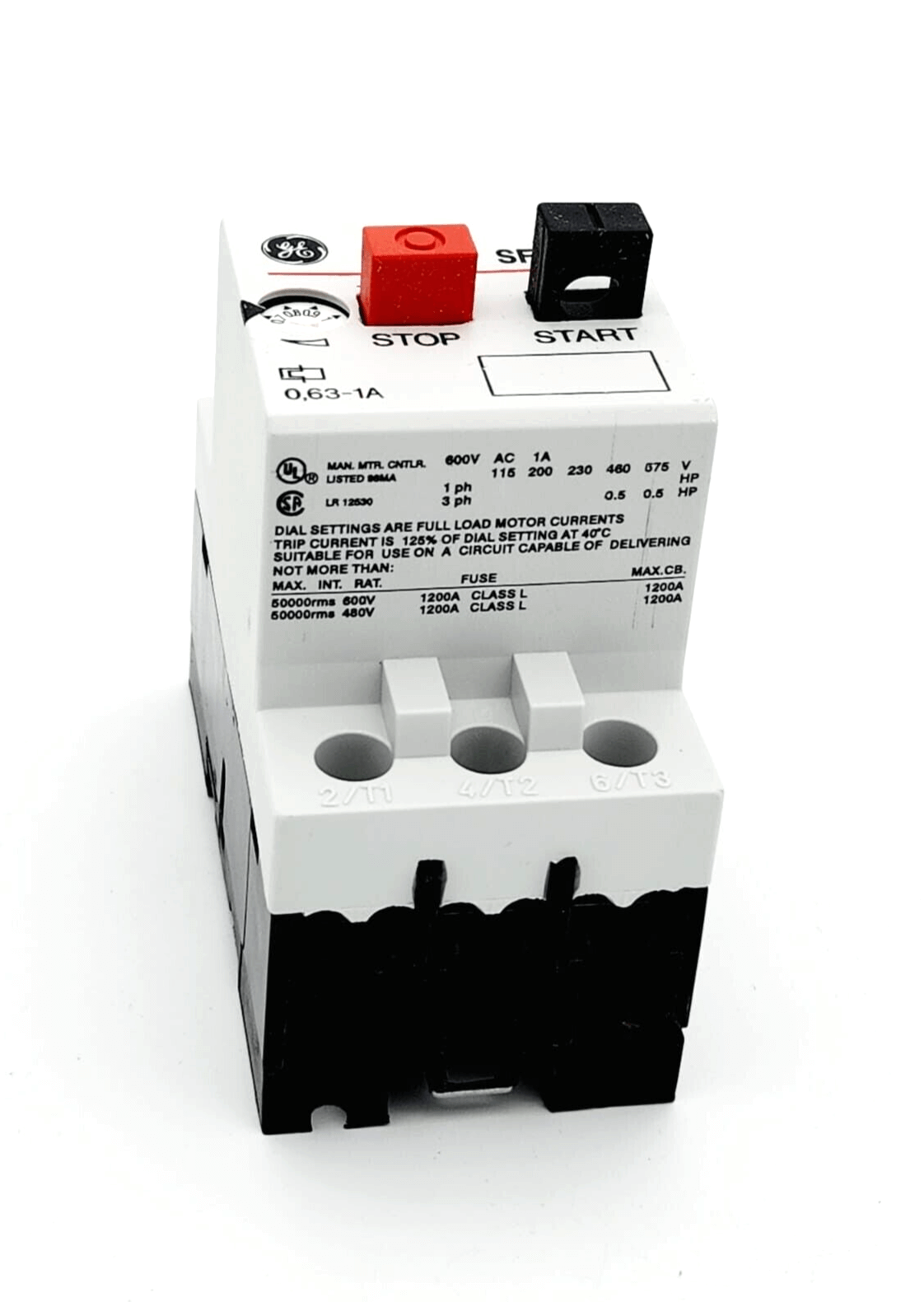 GE 120005 SFK0E Motorschutzschalter, motor protection switch with 0.63-1A settings, front view showing controls and specifications.