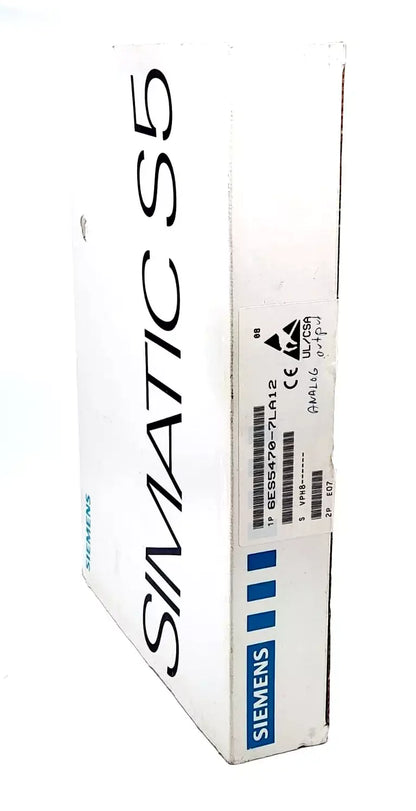 Siemens 6ES5470-7LA12 SIMATIC S5 470 analog output box, E-Stand: 07, for S5-115U/F PLC, visible barcode and model details.