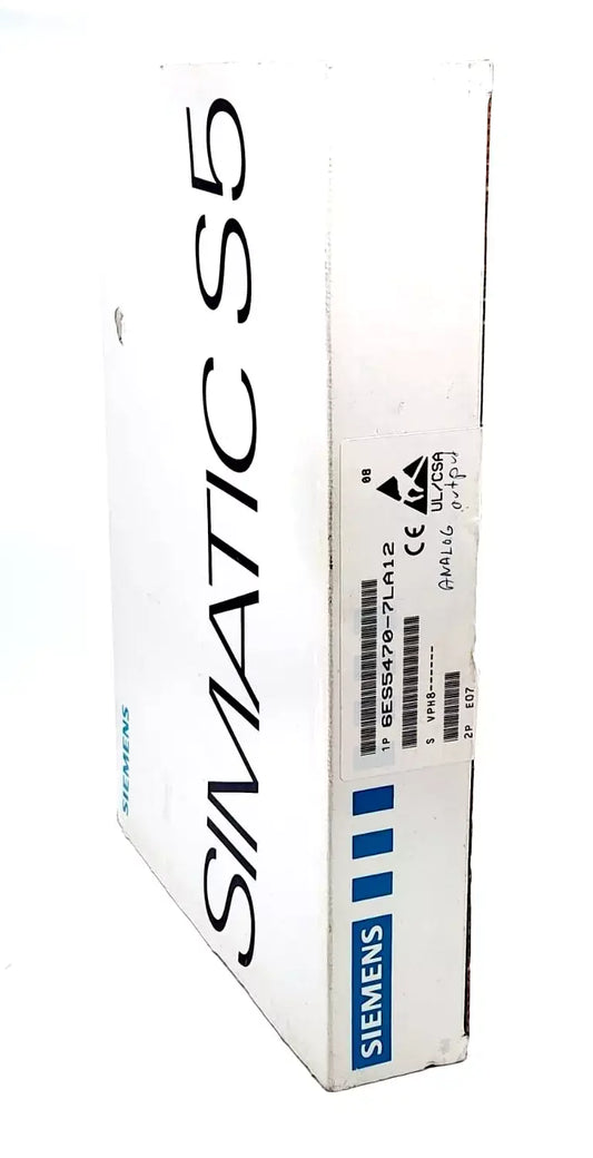 Siemens 6ES5470-7LA12 SIMATIC S5 470 analog output box, E-Stand: 07, for S5-115U/F PLC, visible barcode and model details.