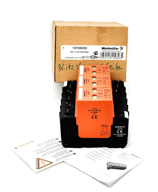 Weidmüller 1351690000 Überspannungsschutz VPU I 3 LCF 280V/25KA, surge protection device with packaging and manuals shown.
