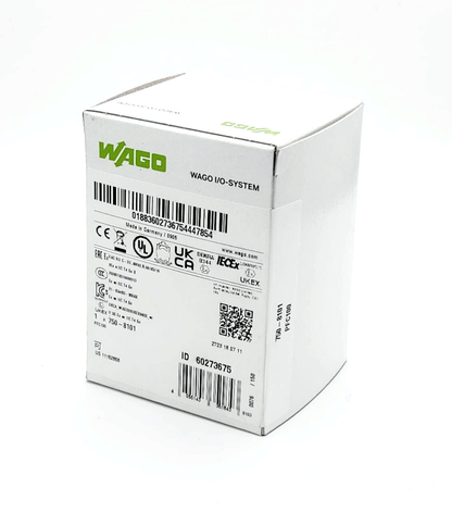 Sealed box of WAGO 750-8101 PFC100 Controller with dual Ethernet, showing packaging details and barcodes.