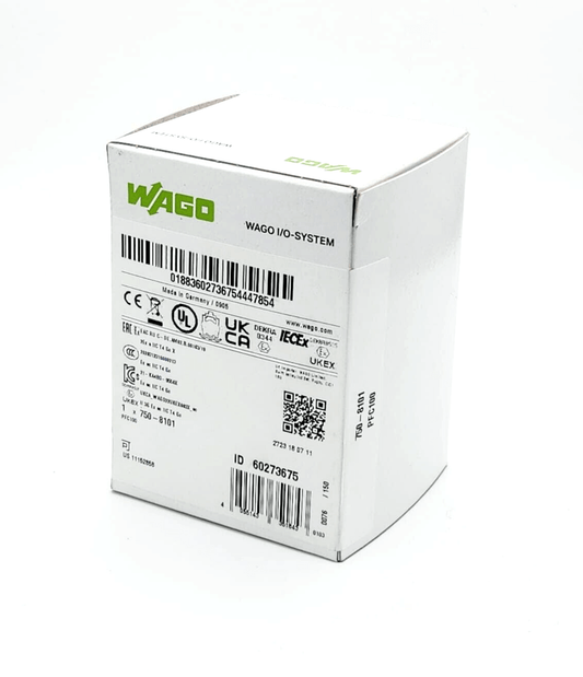 Sealed box of WAGO 750-8101 PFC100 Controller with dual Ethernet, showing packaging details and barcodes.