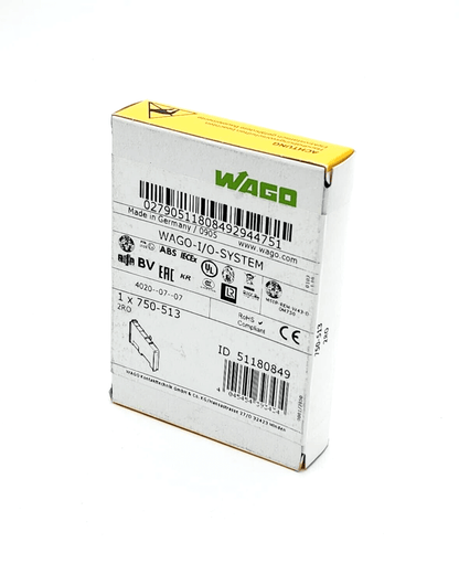 Wago 750-513 2-channel relay output packaging displaying technical specifications, potential-free, AC 250V, 2.0A, 2 NO contacts.
