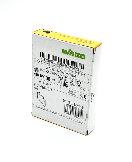Wago 750-513 2-channel relay output packaging displaying technical specifications, potential-free, AC 250V, 2.0A, 2 NO contacts.