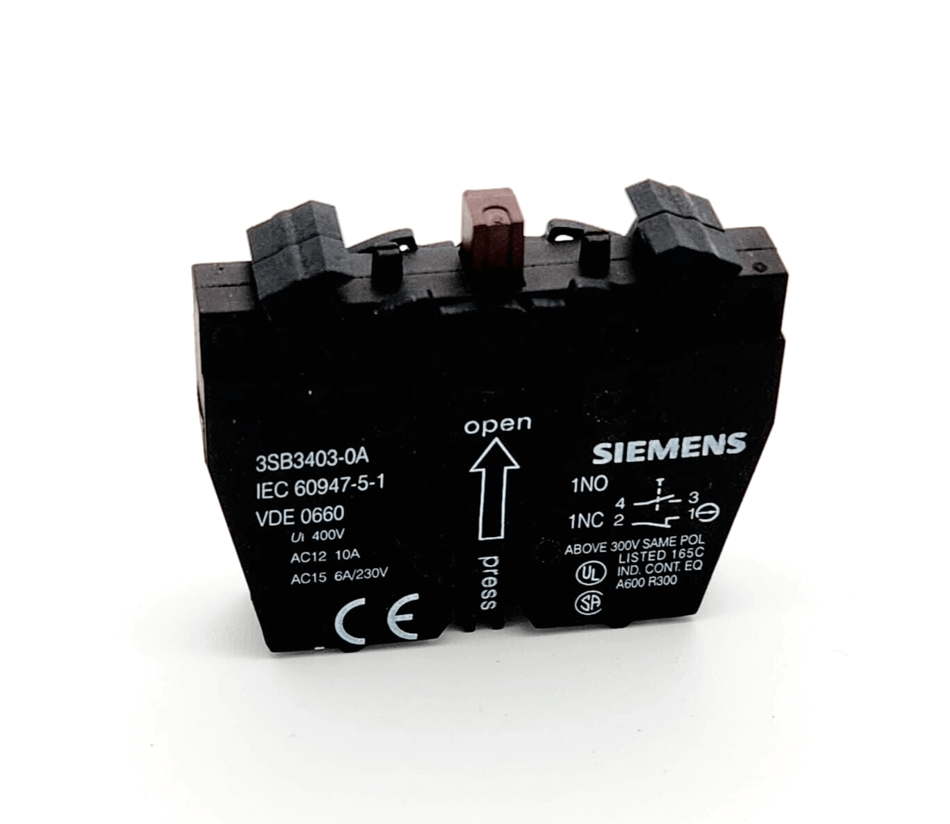 Siemens 3SB3403-0A switching element with 1NO+1NC contacts, spring terminal, for panel mounting.